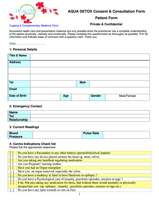Aqua Detox Consent & Consultation Form/patient Form Printable pdf