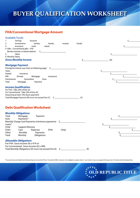 Buyer Qualification Worksheet Old Republic National Title Insurance Printable pdf