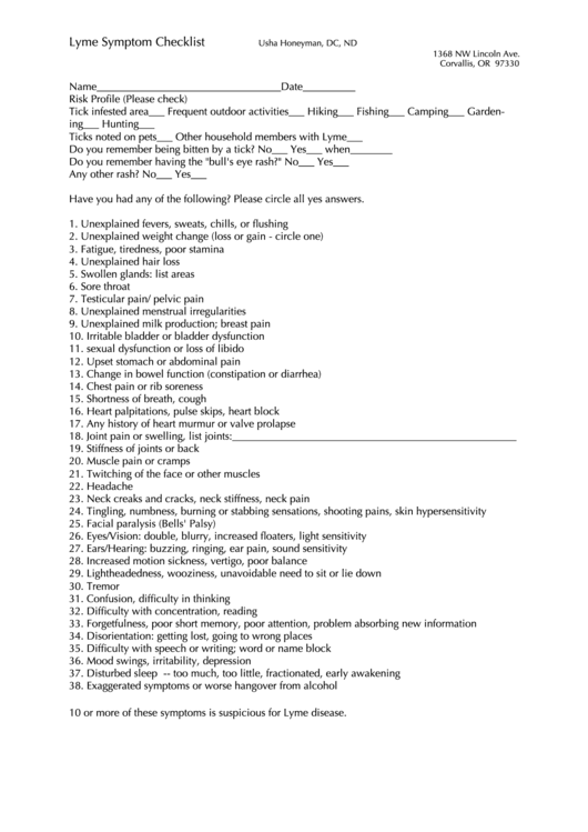 Lyme Symptom Checklist Printable pdf