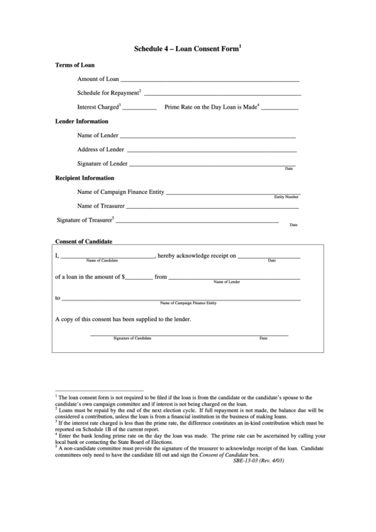 Schedule 4 - Loan Consent Form - Maryland State Board Of Elections Printable pdf