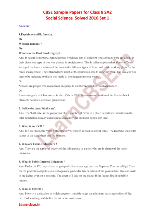 Social Science Solved 2016 Set 1 With Answers Printable pdf