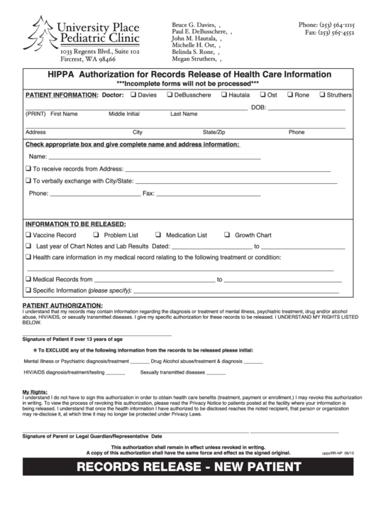 Medical Records Request - University Place Pediatric Clinic Printable pdf