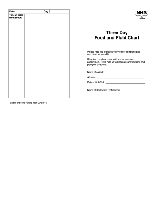 Three Day Food And Fluid Chart Nhs Lothian Printable Pdf Download