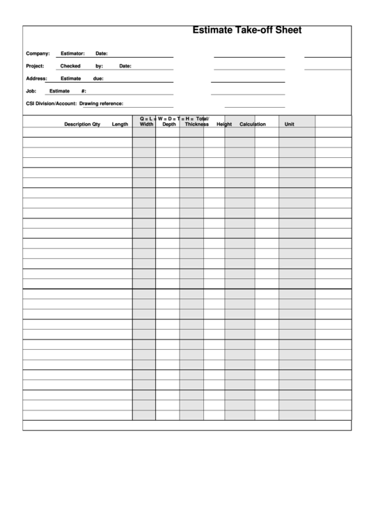 Estimate Take-Off Sheet Printable pdf