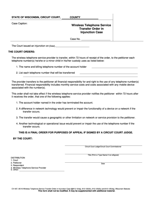 Form Cv-437 - Wireless Telephone Service Transfer Order In Injunction Case Printable pdf