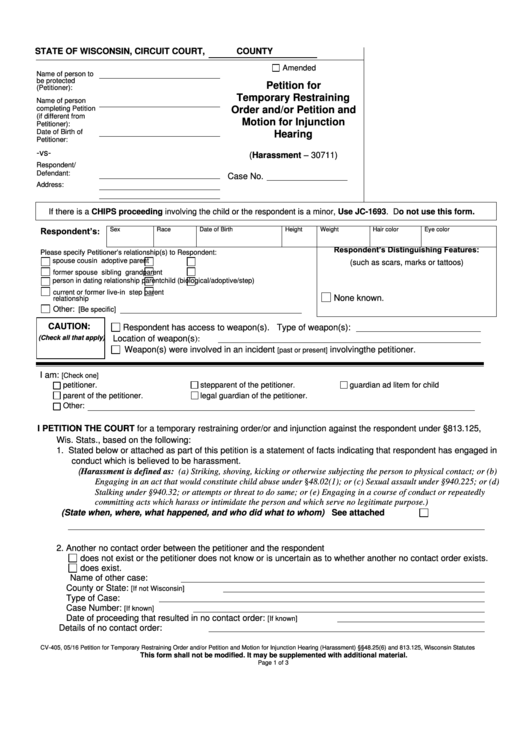 Form Cv-405 - Petition For Temporary Restraining Order And/or Petition And Motion For Injunction Hearing Printable pdf