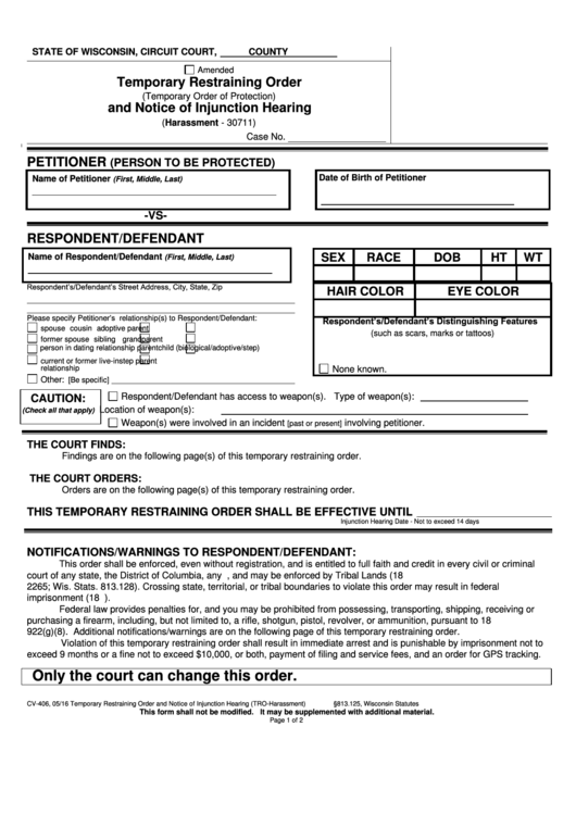 Form Cv-406 - Temporary Restraining Order And Notice Of Injunction Hearing Printable pdf