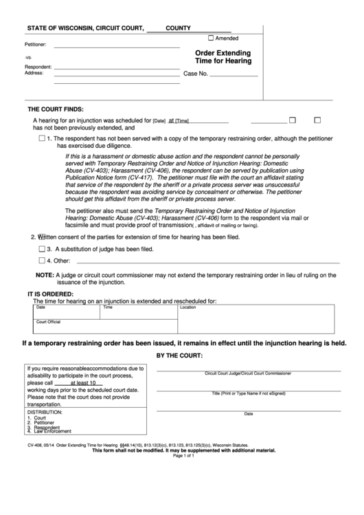 Form Cv-408 - Order Extending Time For Hearing Printable pdf