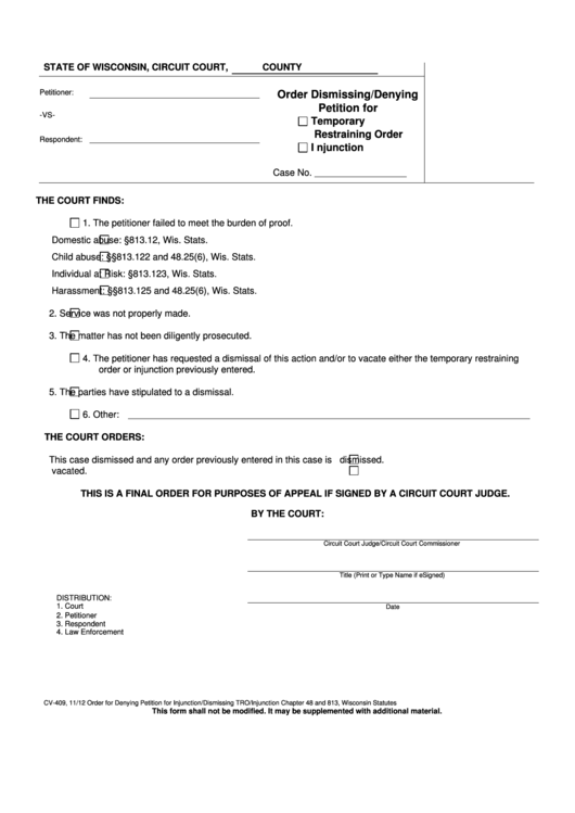 Form Cv-409 - Order For Denying Petition For Injunction/dismissing Tro/injunction Printable pdf