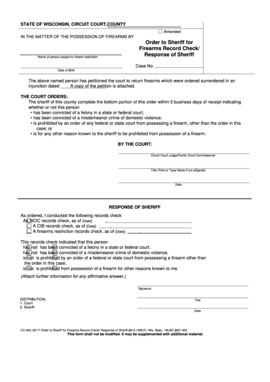 Form Cv-434 - Order To Sheriff For Firearms Record Check/response Of Sheriff Printable pdf