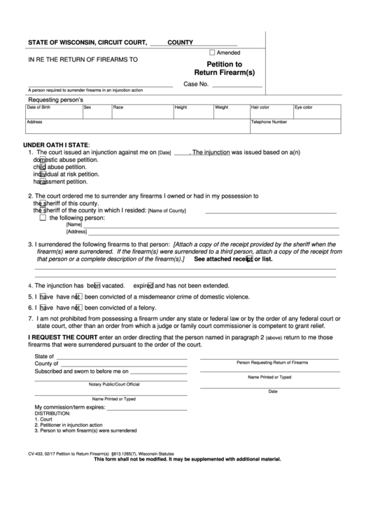 Form Cv-433 - Petition To Return Firearm(S) Printable pdf