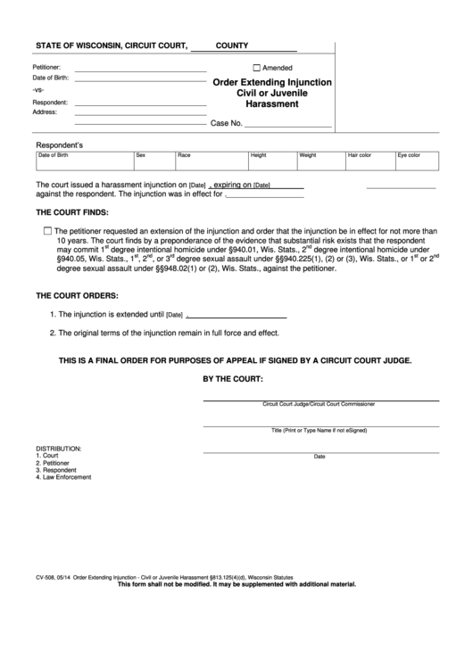 Form Cv-508 - Order Extending Injunction Civil Or Juvenile Harassment Printable pdf