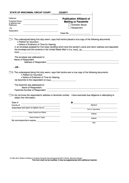 Form Cv-506 - Publication Affidavit Of Mailing Or Facsimile Printable pdf