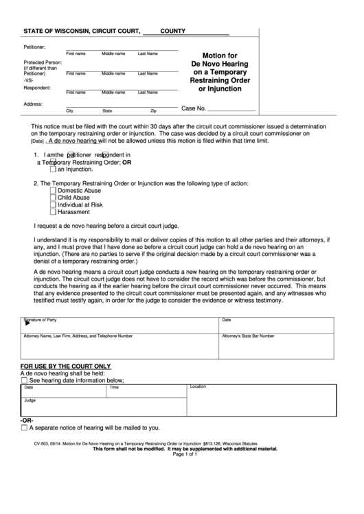 Form Cv-503 - Motion For De Novo Hearing On A Temporary Restraining Order Or Injunction Printable pdf