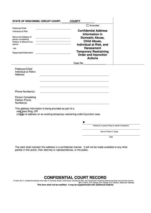 Form Cv-502 - Confidential Address Information In Domestic Abuse, Child Abuse, Individual At Risk, And Harassment Temporary Restraining Order And Injunction Actions Printable pdf