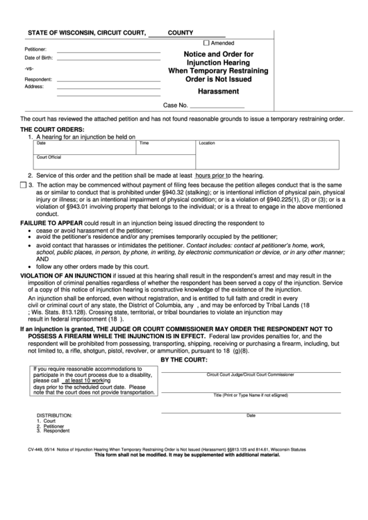Form Cv-449 - Notice And Order For Injunction Hearing When Temporary Restraining Order Is Not Issued Printable pdf