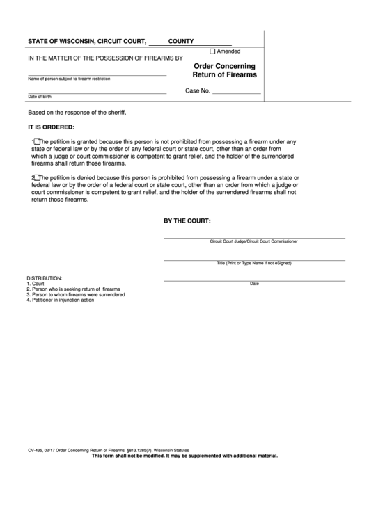 Form Cv-435 - Order Concerning Return Of Firearms Printable pdf