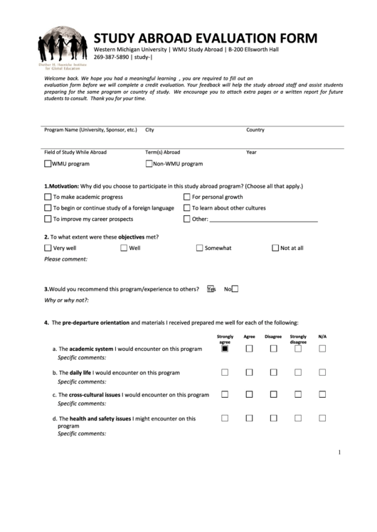 Fillable Study Abroad Evaluation Form Printable pdf
