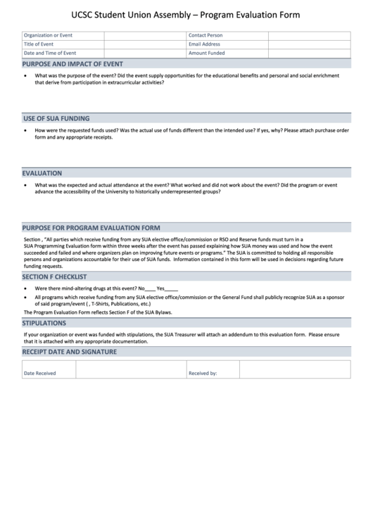 Ucsc Student Union Assembly - Program Evaluation Form Printable pdf