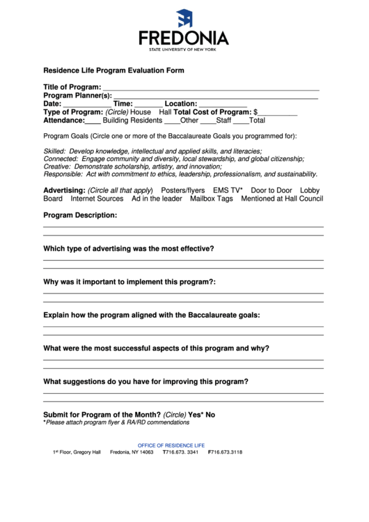 Residence Life Program Evaluation Form Printable pdf