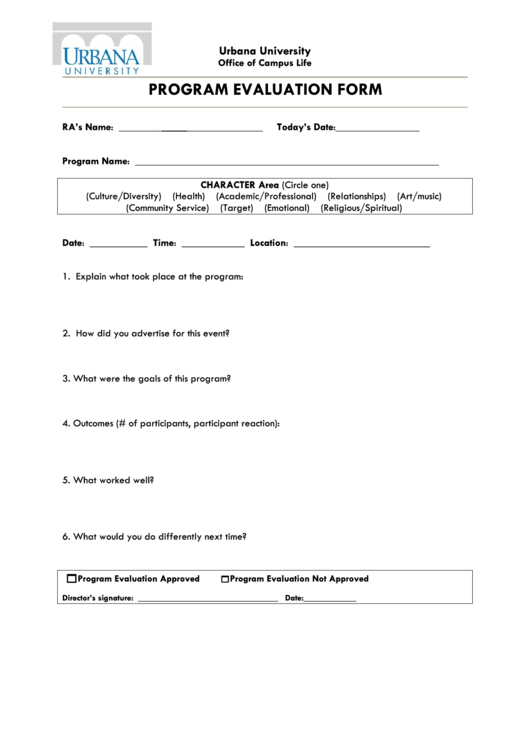 Program Evaluation Form - Urbana University Printable pdf