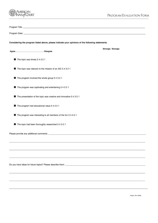 Program Evaluation Form - American Inns Of Court Printable pdf