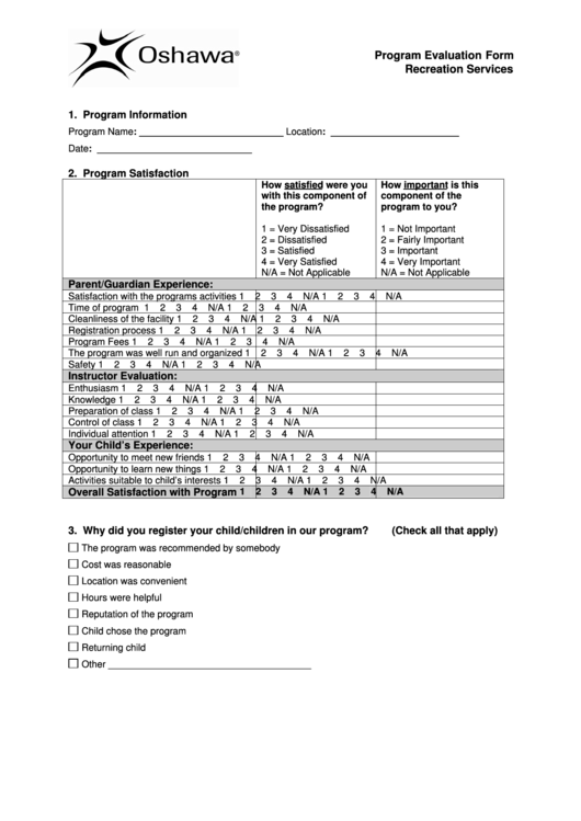 Program Evaluation Form Recreation Services - Lin Printable pdf