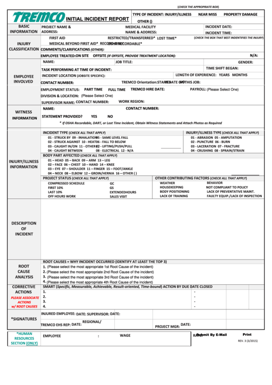 Fillable Wa Incident Report Form - Tremco Printable pdf