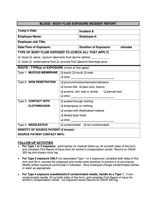 Blood / Body Fluid Exposure Incident Report Printable Pdf Download