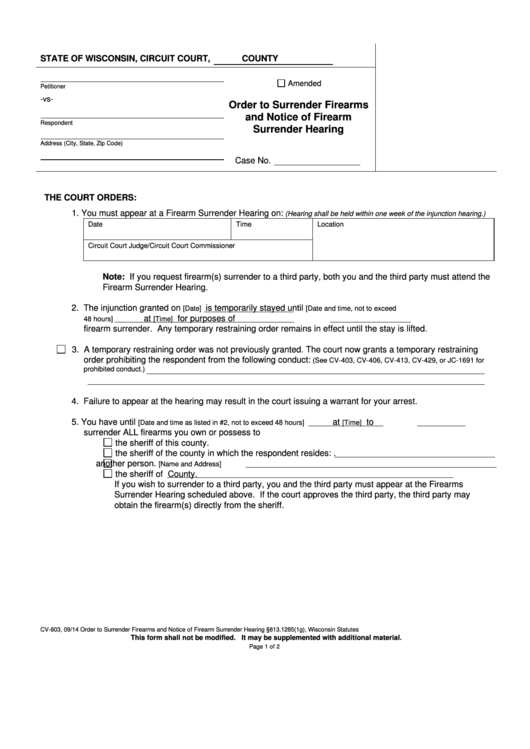 Form Cv-803 - Order To Surrender Firearms And Notice Of Firearm Surrender Hearing Printable pdf