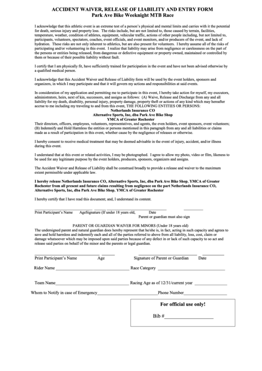 Accident Waiver, Release Of Liability And Entry Form Park Ave Bike Weeknight Mtb Race Printable pdf