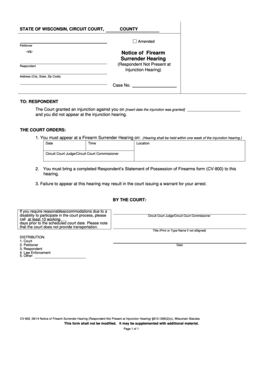 Form Cv-802 - Notice Of Firearm Surrender Hearing Printable pdf