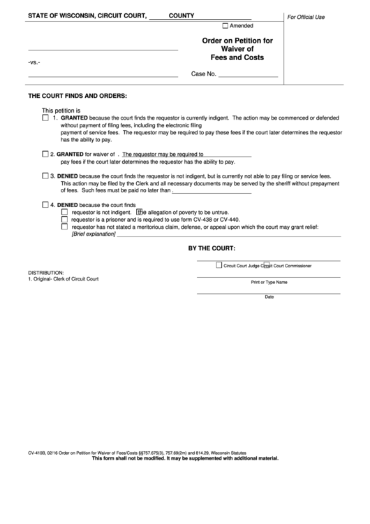 Form Cv-410b - Order On Petition For Waiver Of Fees And Costs Printable pdf