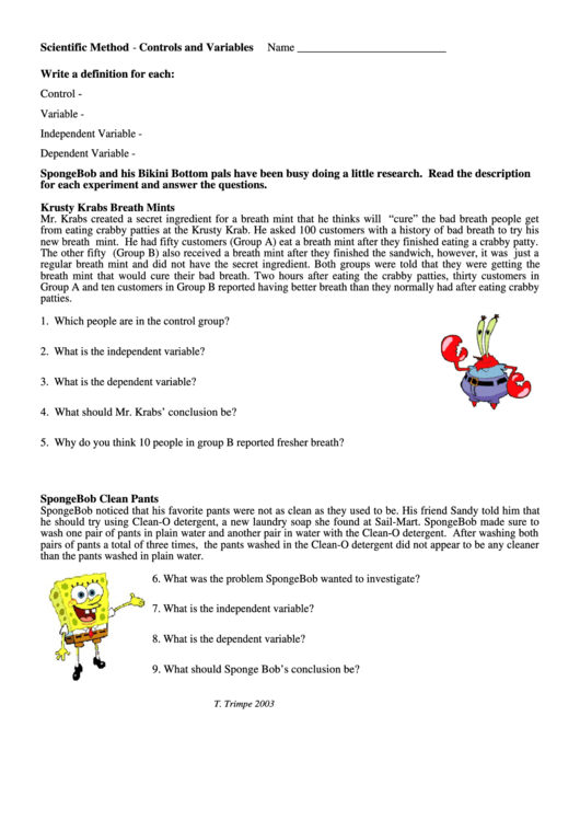 Controls and variables worksheet