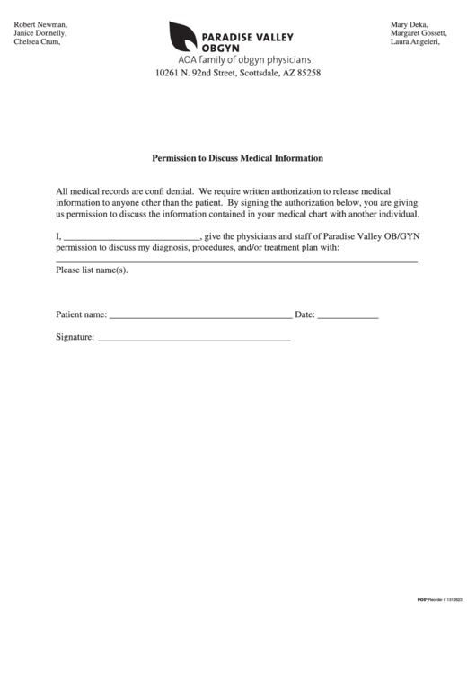 Permission To Discuss Medical Information Paradise Valley Obgyn printable pdf download