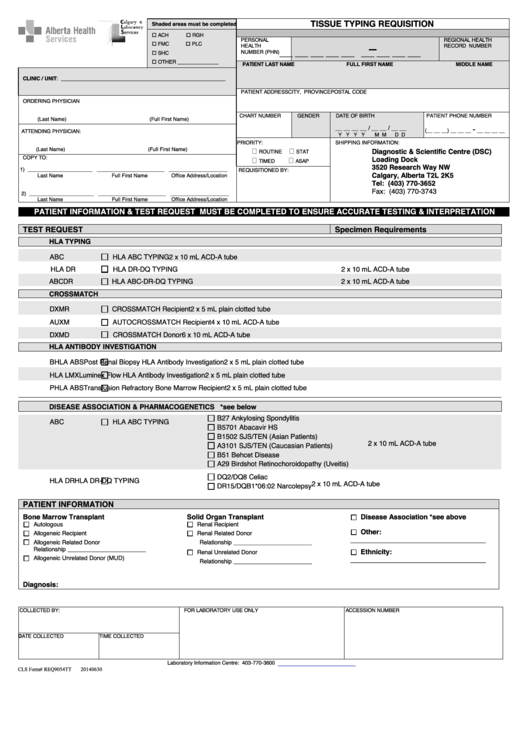 Tissue Typing Requisition - Calgary Laboratory Services Printable pdf