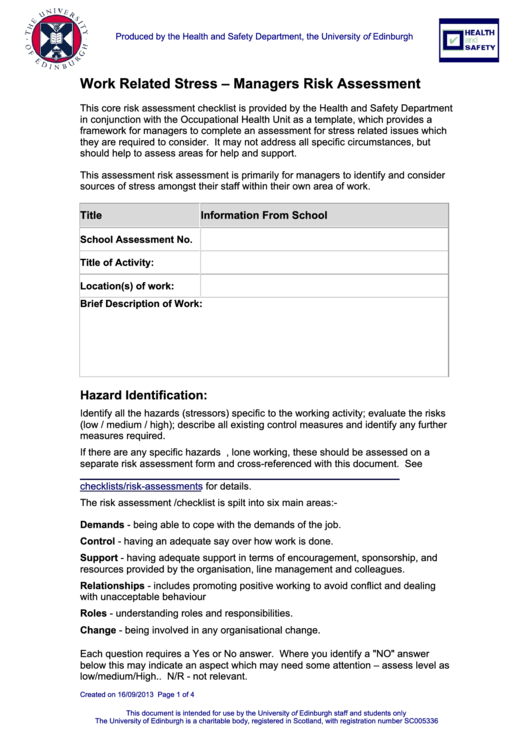 Work Related Stress - Managers Risk Assessment Template Printable pdf