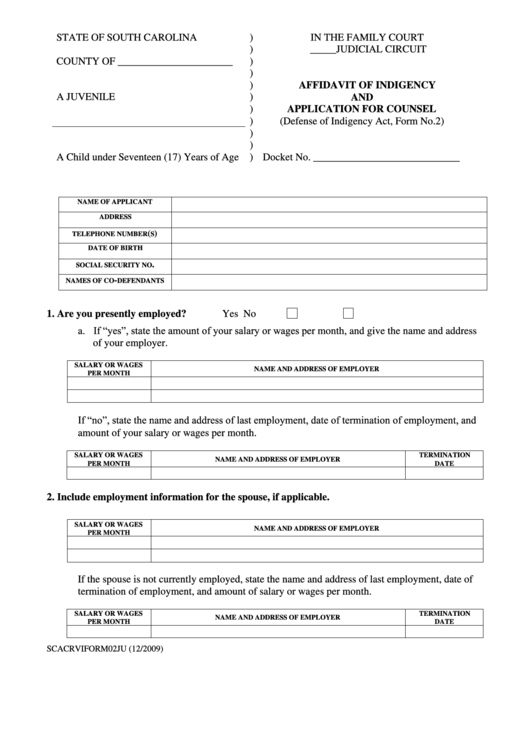 Affidavit Of Indigency And Application For Counsel Form Printable pdf