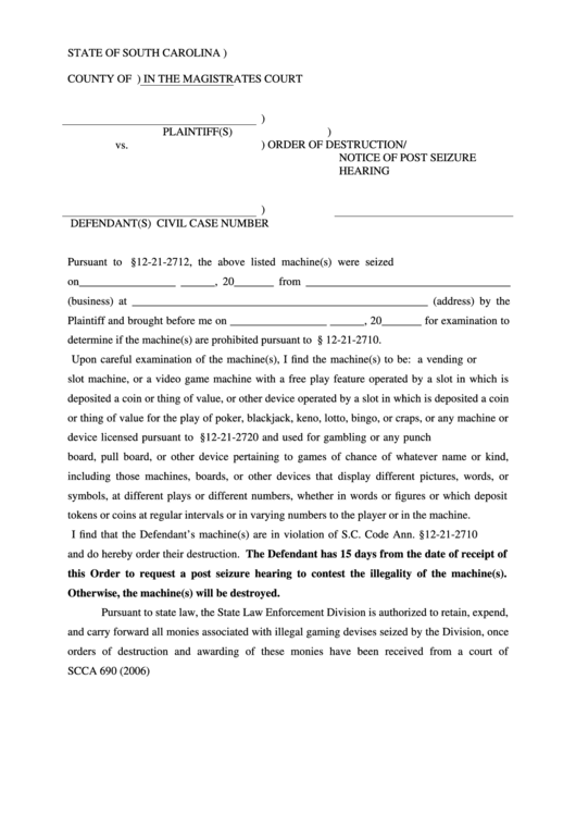 Order Of Destruction Notice Of Post Seizure Hearing Printable pdf