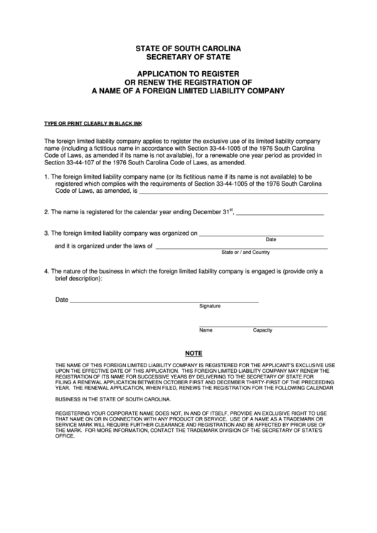 Fillable Application To Register Or Renew The Registration Of A Name Of A Foreign Limited Liability Company - South Carolina Secretary Of State Printable pdf