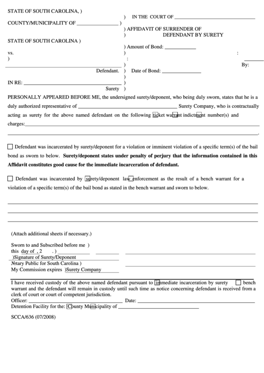 Affidavit Of Surrender Of Defendant By Surety Printable pdf