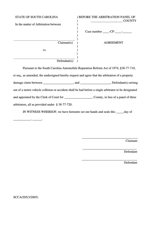 Agreement - State Of South Carolina Arbitration Panel Printable pdf