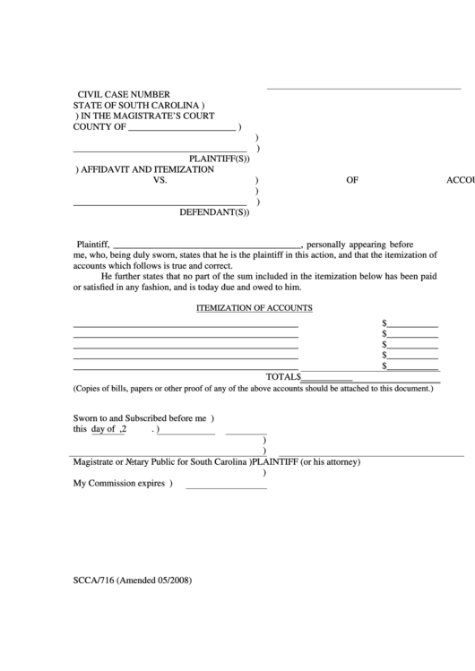 Affidavit And Itemization Of Accounts Printable pdf