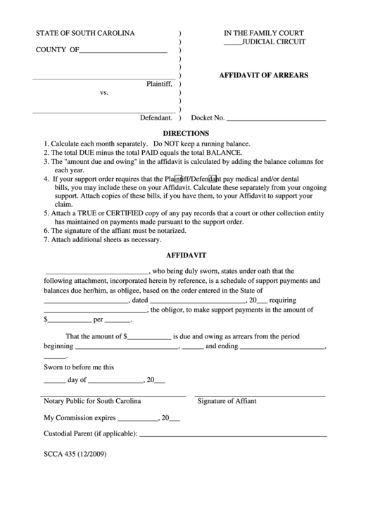 Affidavit Of Arrears Printable pdf
