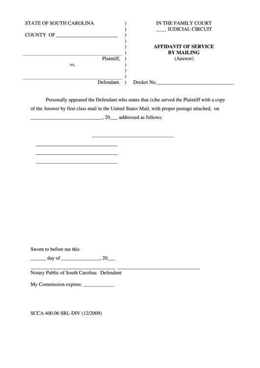 Affidavit Of Service By Mailing Answer Printable pdf