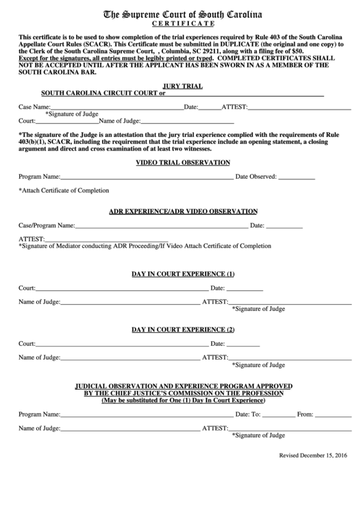 The Supreme Court Of South Carolina Certificate Printable pdf