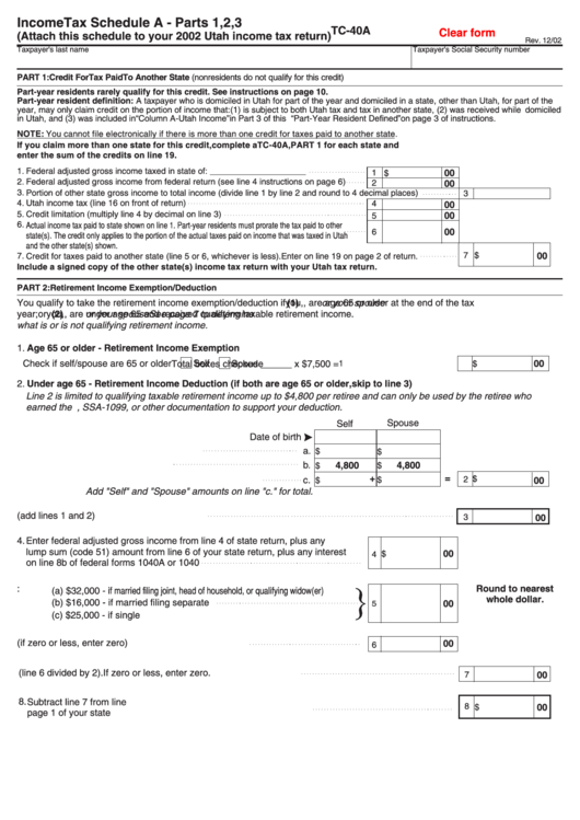 Fillable Tc-40a - Income Tax Schedule A - Parts 1, 2, 3 Printable pdf