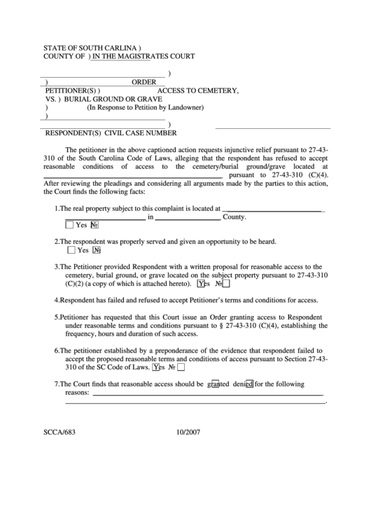 Order Access To Cemetery Burial Ground Or Grave In Response To Petition By Landowner Printable pdf