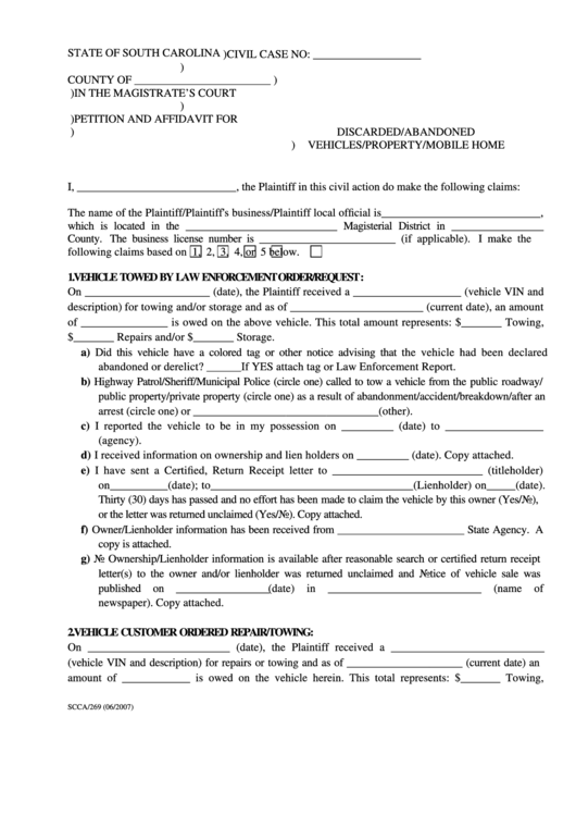 Petition And Affidavit For Discarded Or Abandoned Vehicles Property Mobile Home Printable pdf