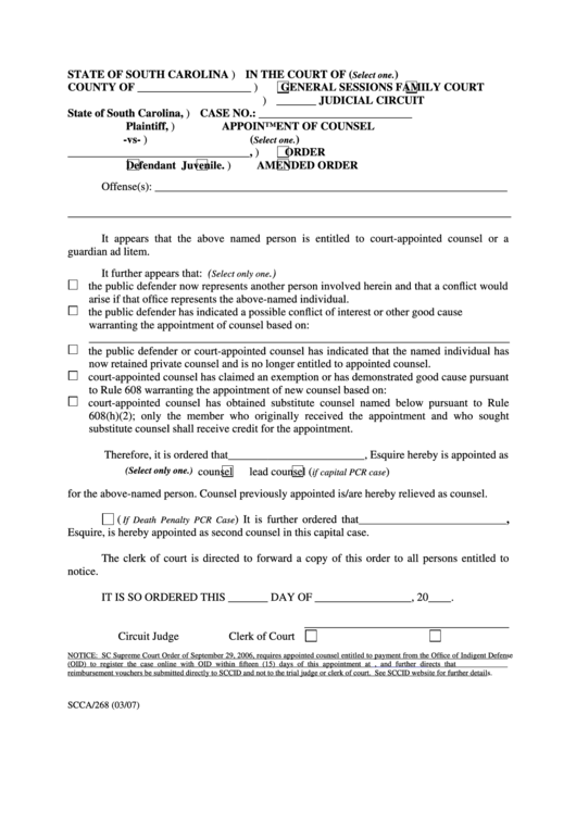 Appointment Of Counsel Order Or Amended Order Printable pdf
